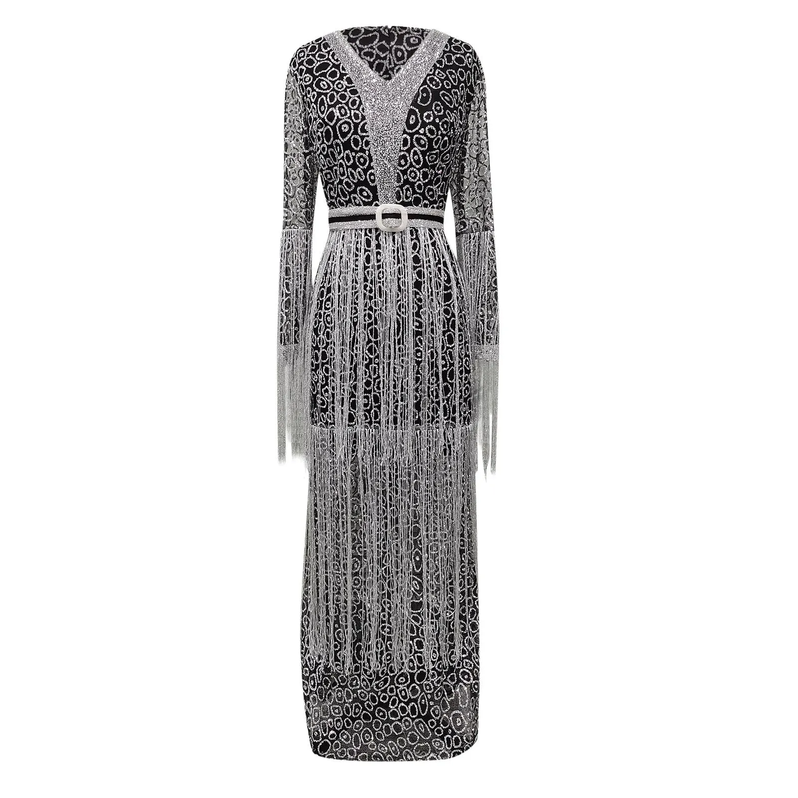 New Elegant Silver Maxi Party DresseLong Sleeve Sexy Lace V Neck Long Dresses Sequins