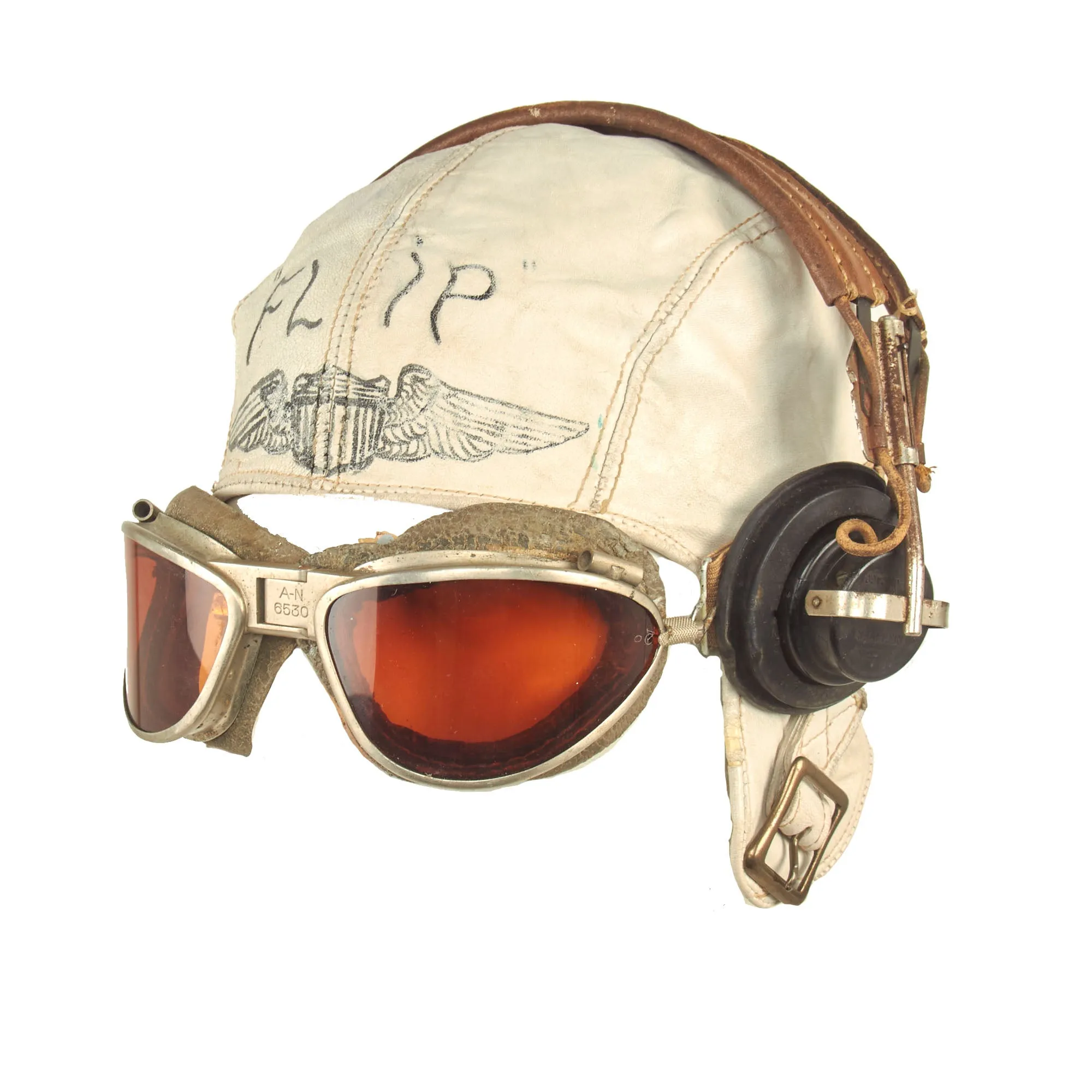 Original U.S. WWII USAAF Aviator Flight Helmet Set - AN6530 Goggles, Customized Leather Flight Helmet and Avionics