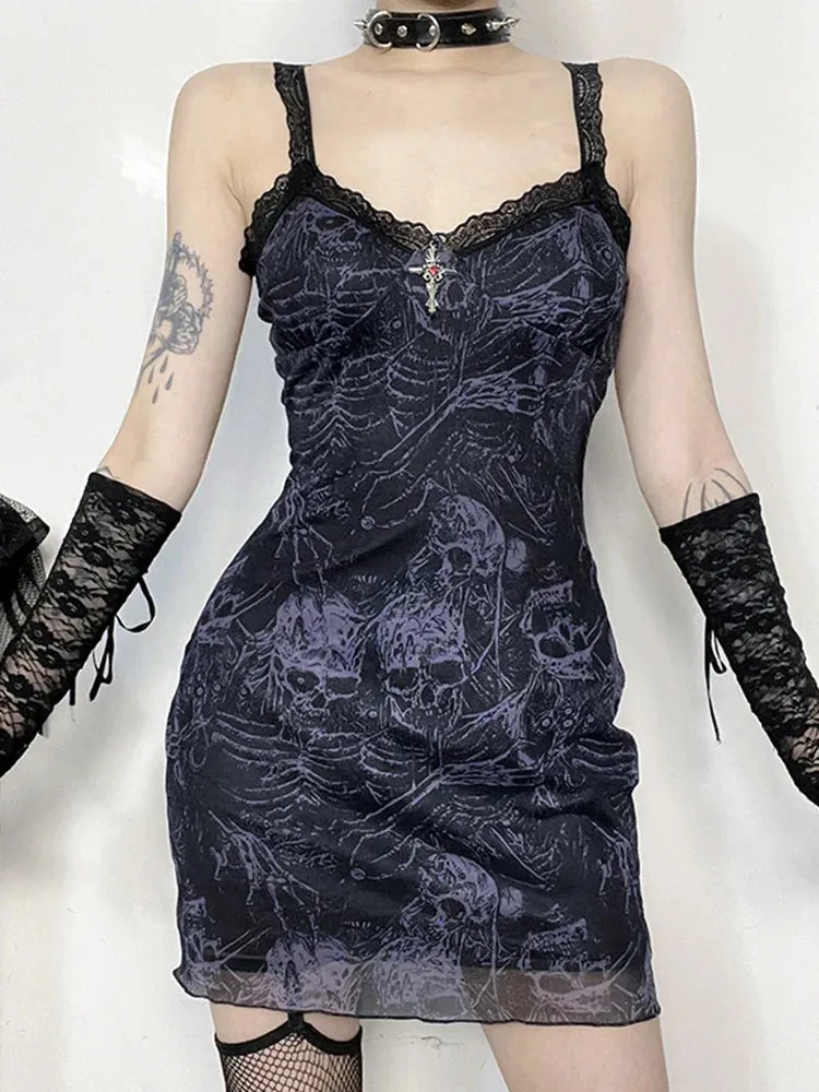 Party Lace Skulls Backless Pattern Frock Sleeveless Gothic Short Grunge Mini Trim Frock