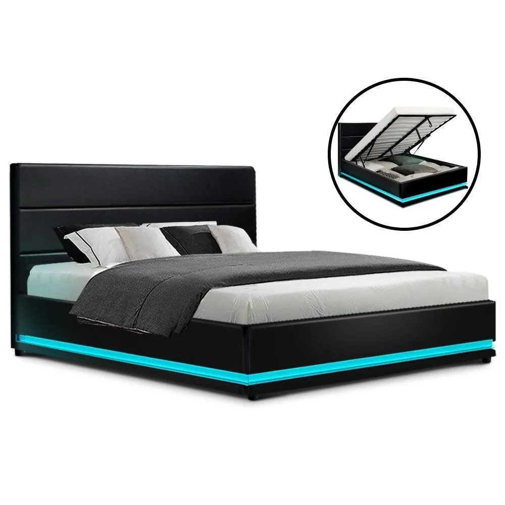 Queen Ultra Package | Henley LED Bed Black, 2 x LED Bedside Tables, Platinum Series 7 Zone Dual Euro Top Mattress, Pillowtop Mattress Topper & 4 x Pillows