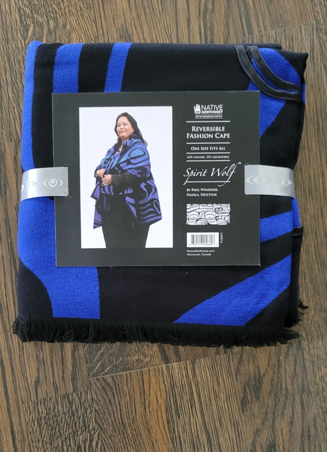 "Spirit Wolf" Reversible Fashion Cape - Royal Blue. design by Indigenous Artist Paul Windsor