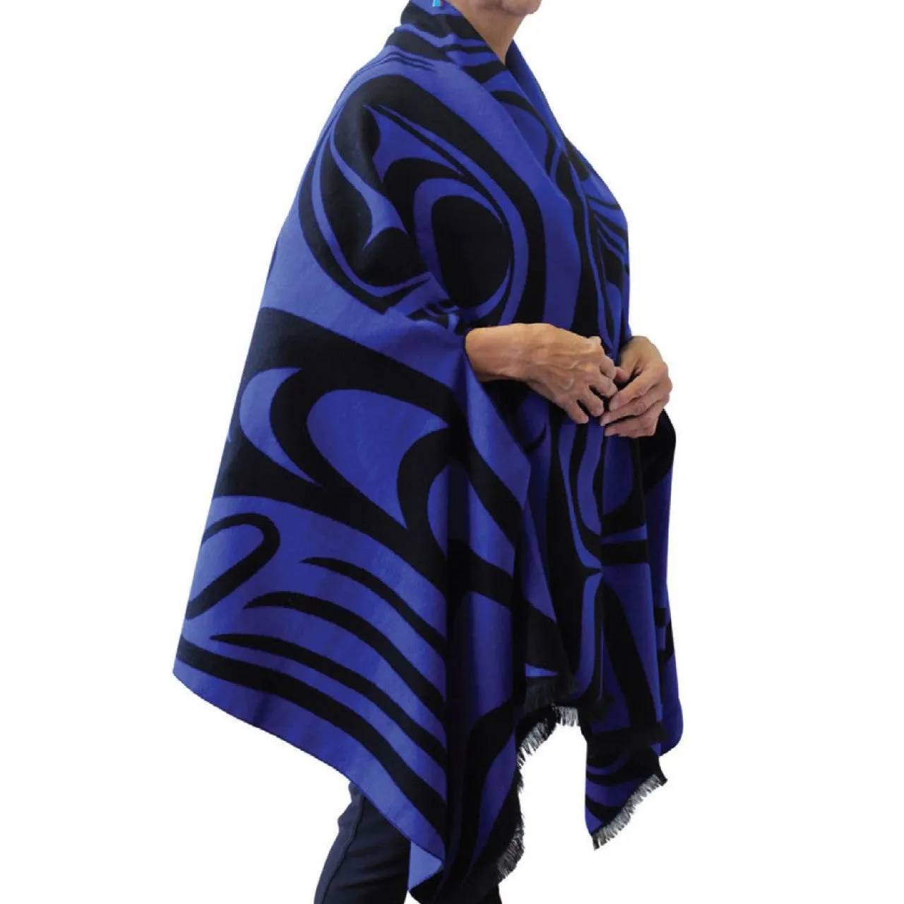 "Spirit Wolf" Reversible Fashion Cape - Royal Blue. design by Indigenous Artist Paul Windsor