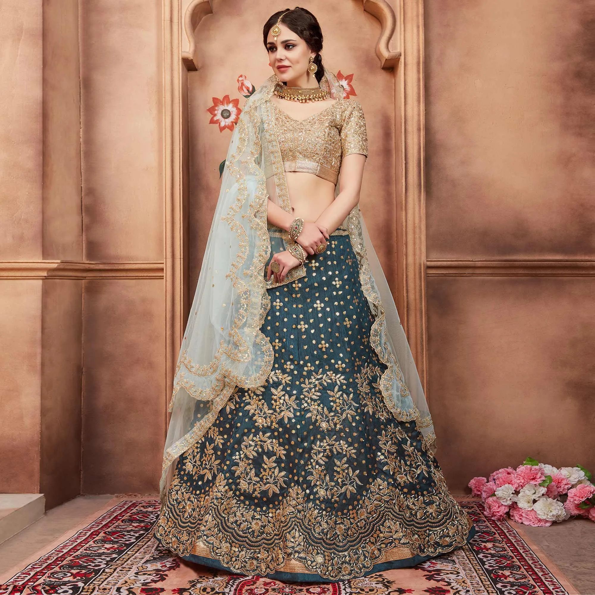 Rama Green Festive Wear Sequins Dori Cut Work Art Silk Lehenga Choli