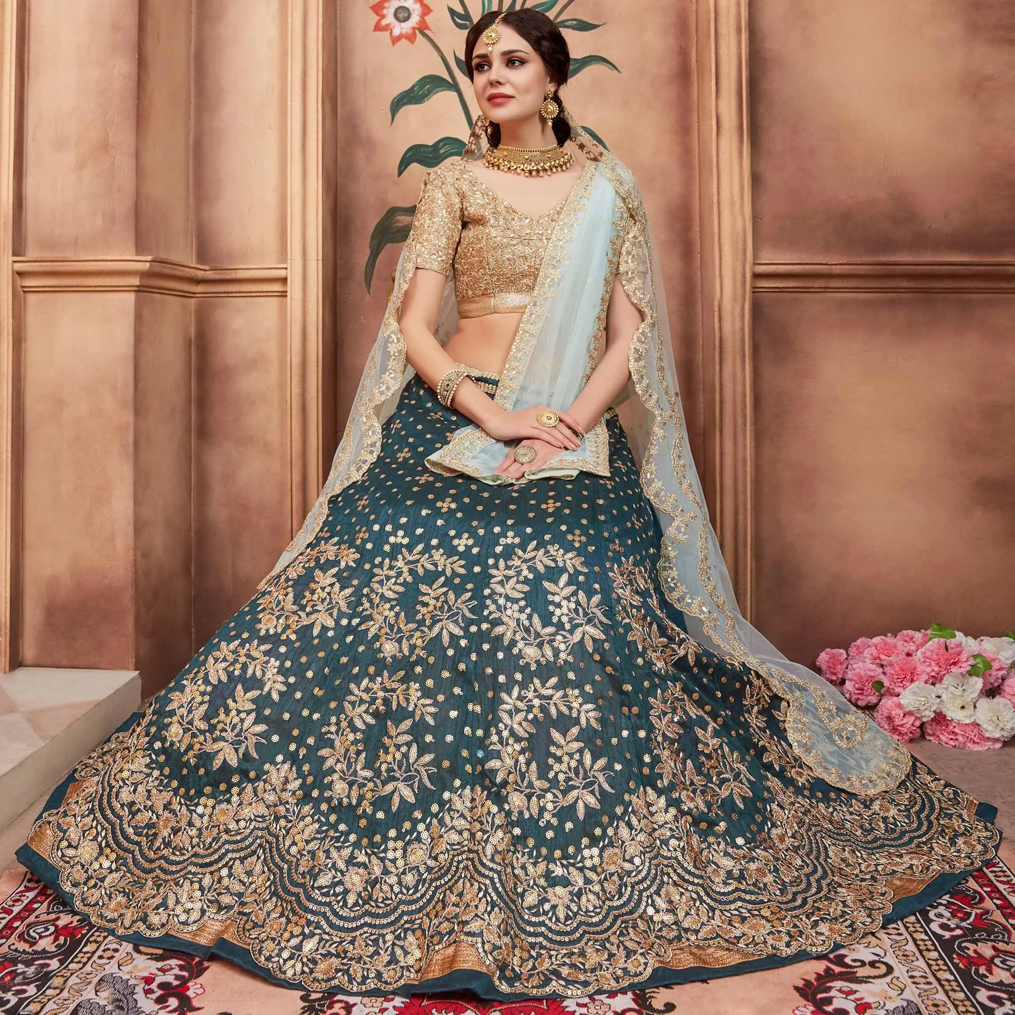 Rama Green Festive Wear Sequins Dori Cut Work Art Silk Lehenga Choli