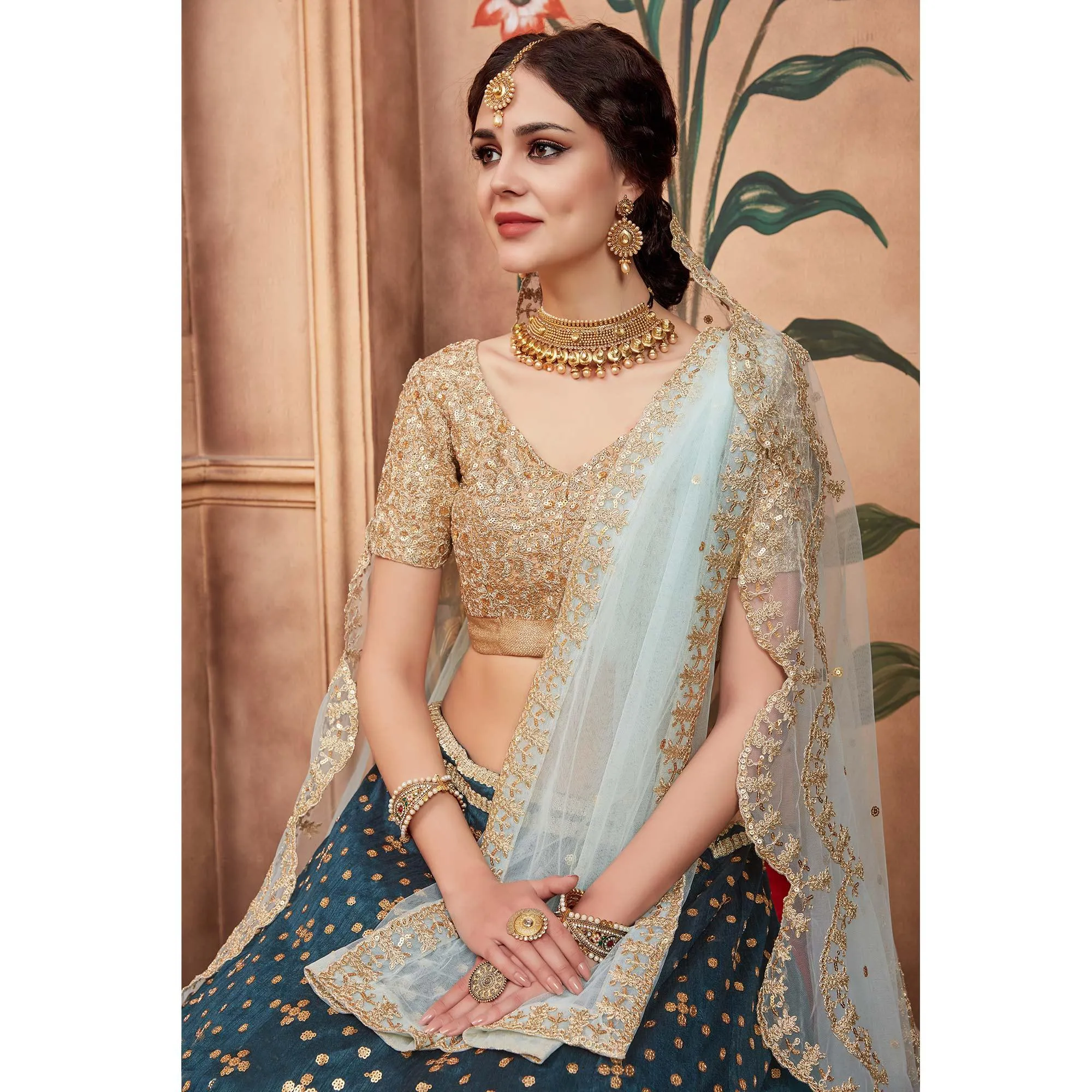 Rama Green Festive Wear Sequins Dori Cut Work Art Silk Lehenga Choli