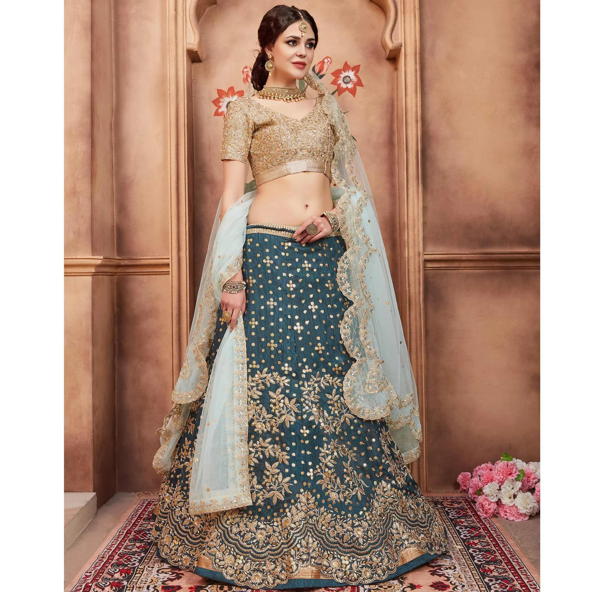 Rama Green Festive Wear Sequins Dori Cut Work Art Silk Lehenga Choli