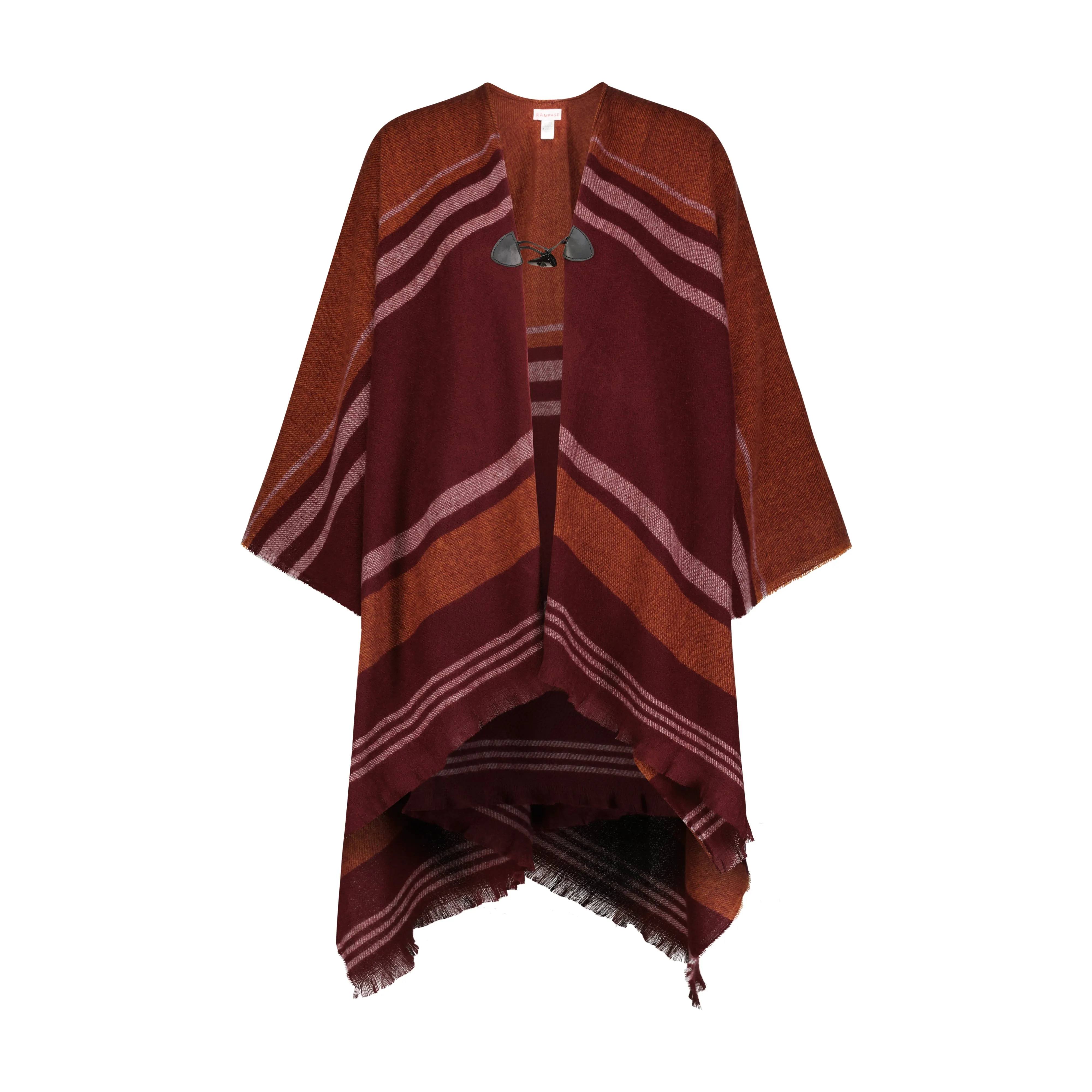 Rampage Women's Striped Woven Ruana Open Front Shawls - Stylish Wrap Cape with Toggle and Self Fringe