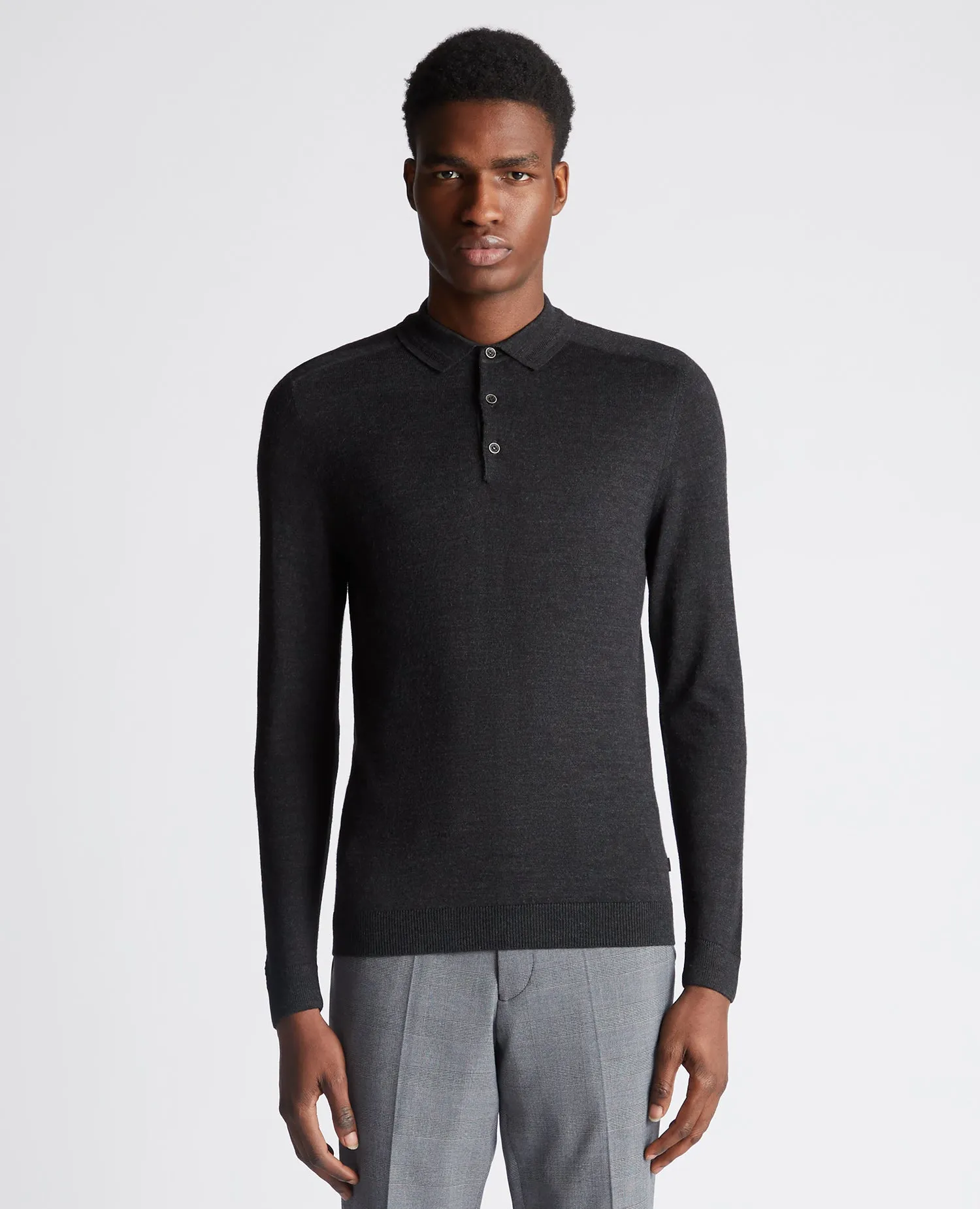 REMUS UOMO® Long Sleeve Knitted Polo Shirt/Charcoal- Winter 23/24 Version