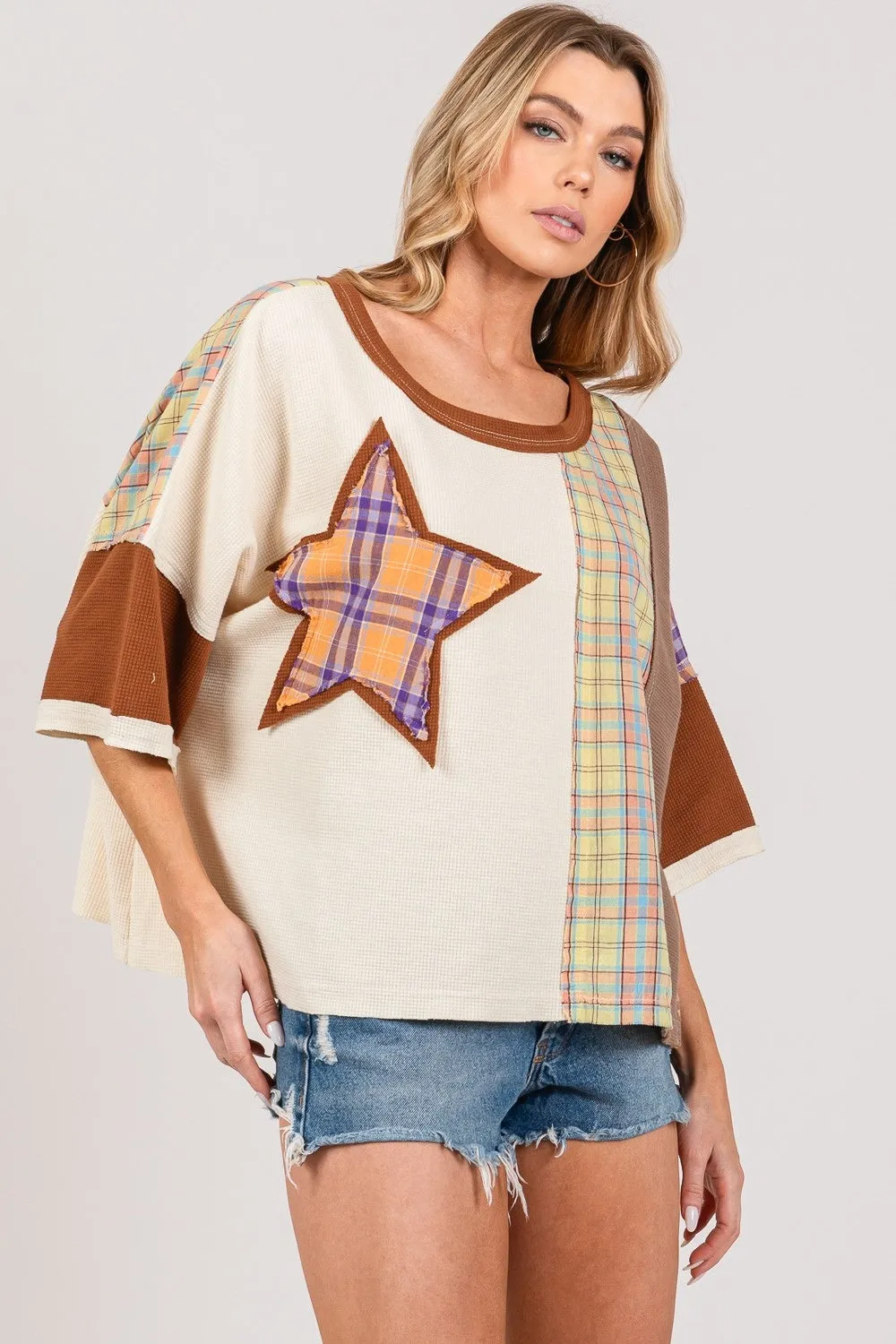 SAGE   FIG Round Neck Plaid Star Patch T-Shirt