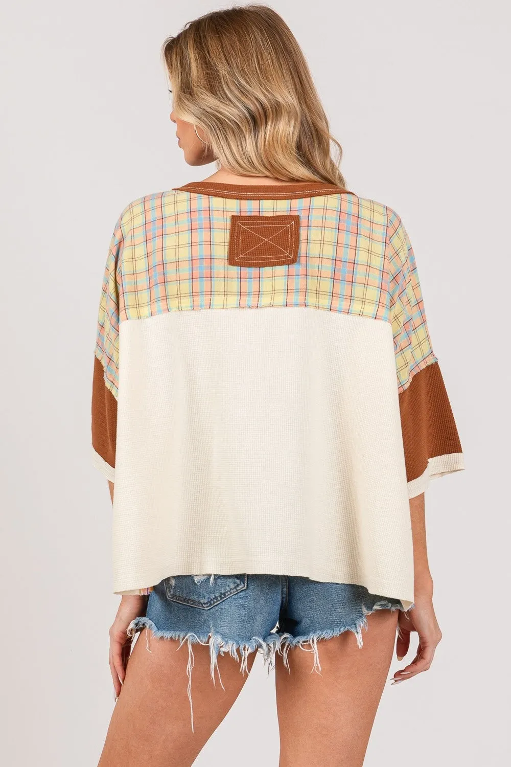 SAGE   FIG Round Neck Plaid Star Patch T-Shirt