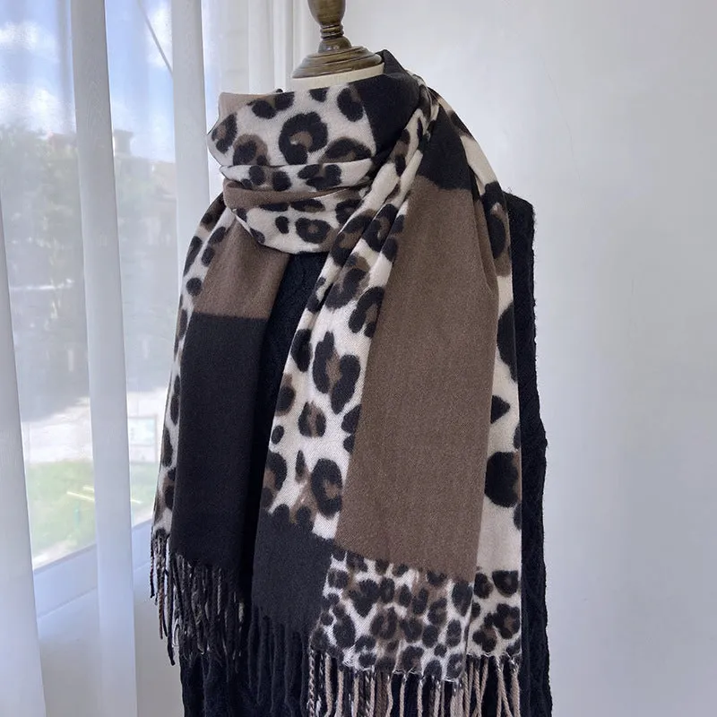 Scarf European and American print imitation cashmere shawl women's warm color tassel color matching leopard print scarf