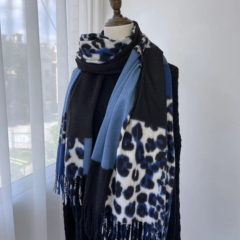 Scarf European and American print imitation cashmere shawl women's warm color tassel color matching leopard print scarf