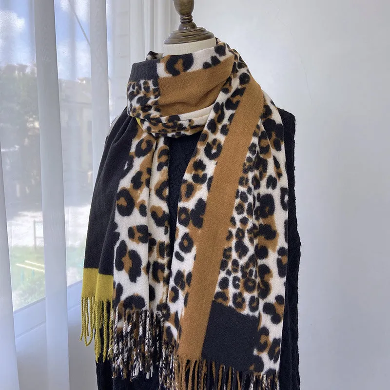 Scarf European and American print imitation cashmere shawl women's warm color tassel color matching leopard print scarf