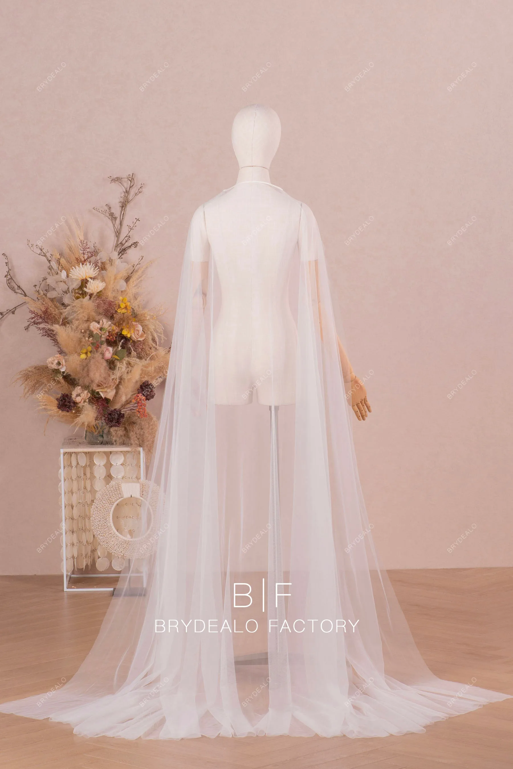 Simple Tulle Elegant Long Bridal Cape Veil For Wedding