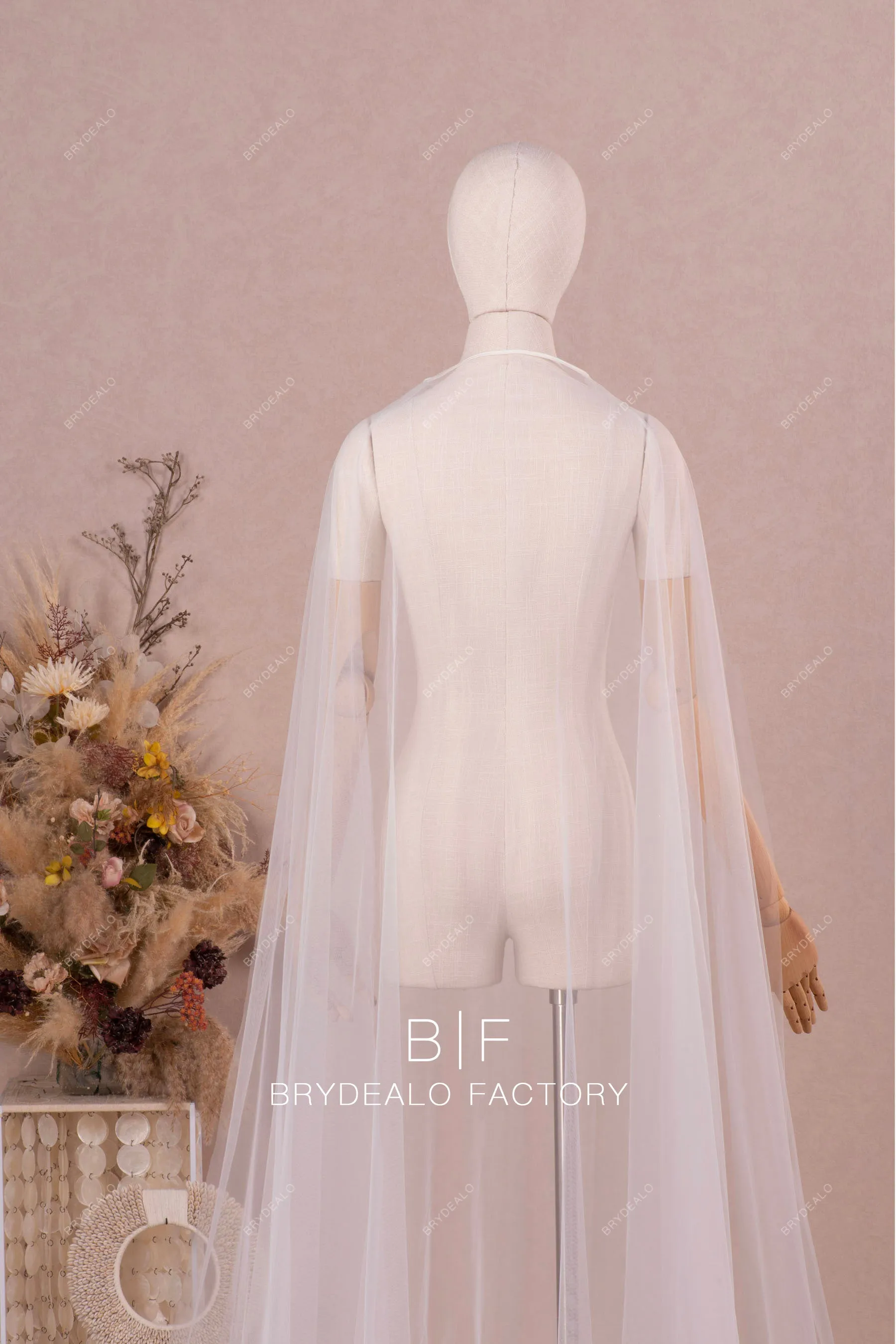 Simple Tulle Elegant Long Bridal Cape Veil For Wedding