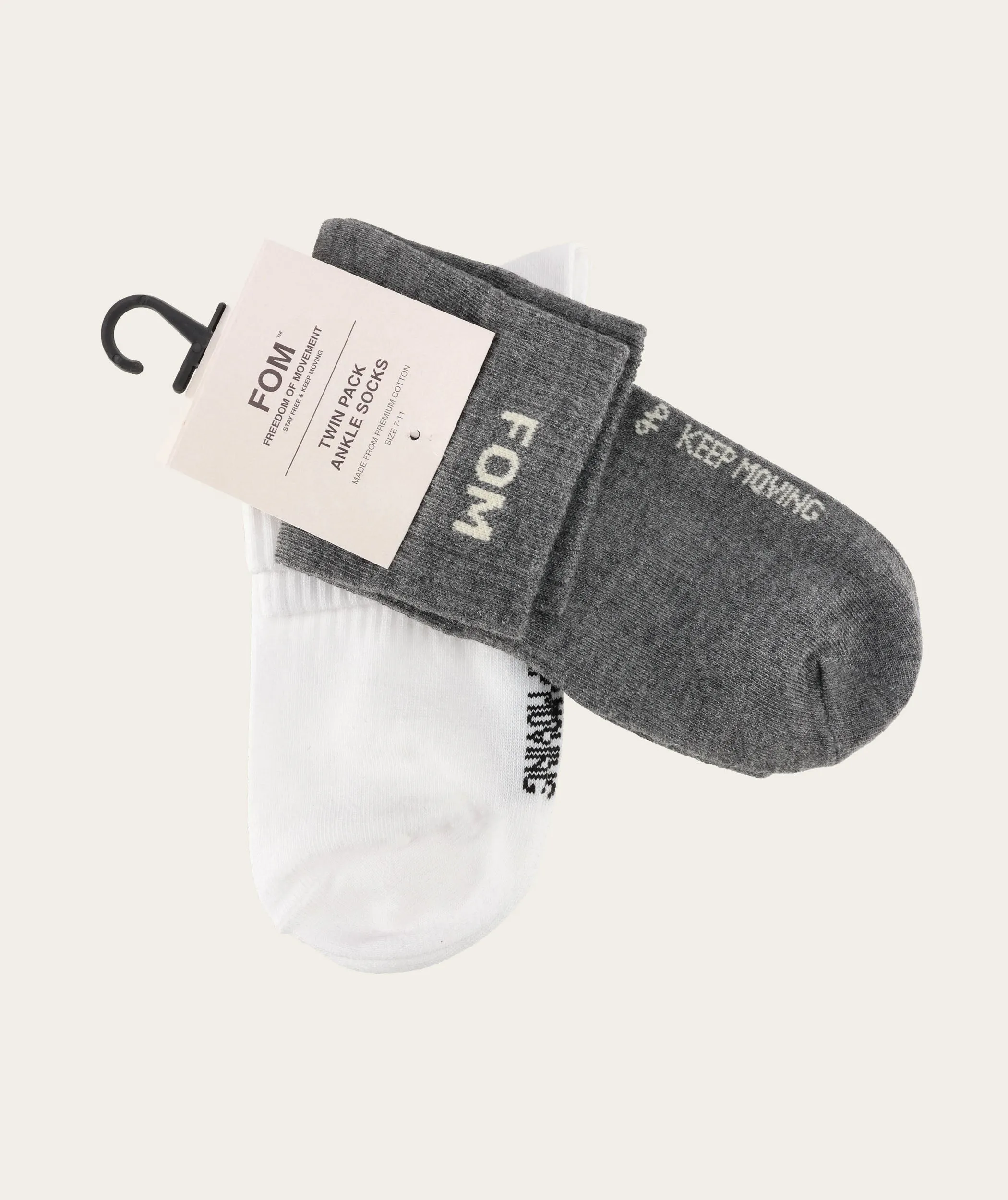 Socks FOM Ankle Twin Pack - White & Grey Melange (Size 7-11)