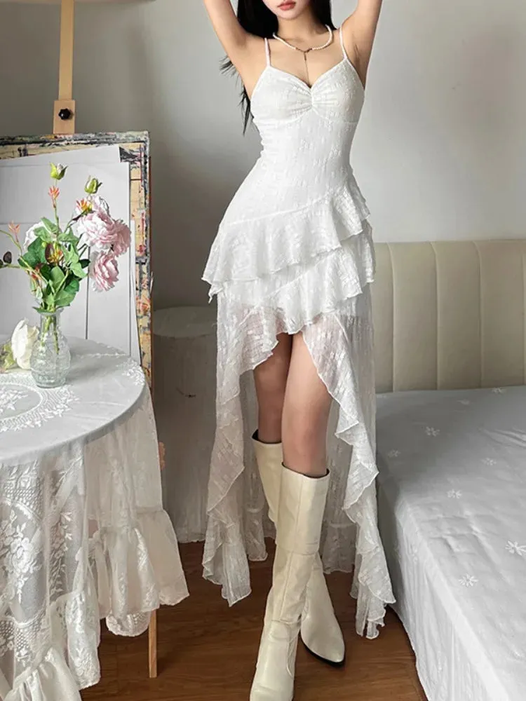 Summer Streetwear Vintage Dresses Grunge Y2k Aesthetic Irregular Ruffled Vestido Slim Fit Harajuku Woman Backless Dress