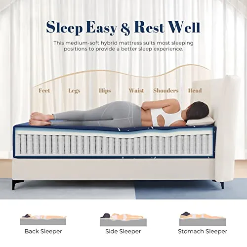 Sweetnight Queen Mattress, 12 Inch Hybrid Queen Size Mattress in a Box, Gel Memory Foam and Individual Pocket Spring for Cooling Sleep & Motion Isolation, Starry Night,Blue