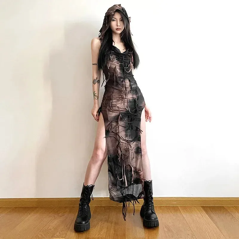 Tassel Sleeveless High Y2K Gothic Grunge Tie Fairy Midi Hooded Sexy Vintage Gown Dye Split Gown