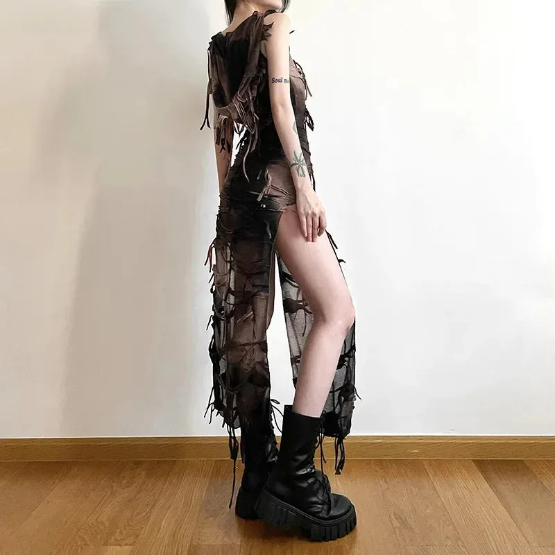 Tassel Sleeveless High Y2K Gothic Grunge Tie Fairy Midi Hooded Sexy Vintage Gown Dye Split Gown