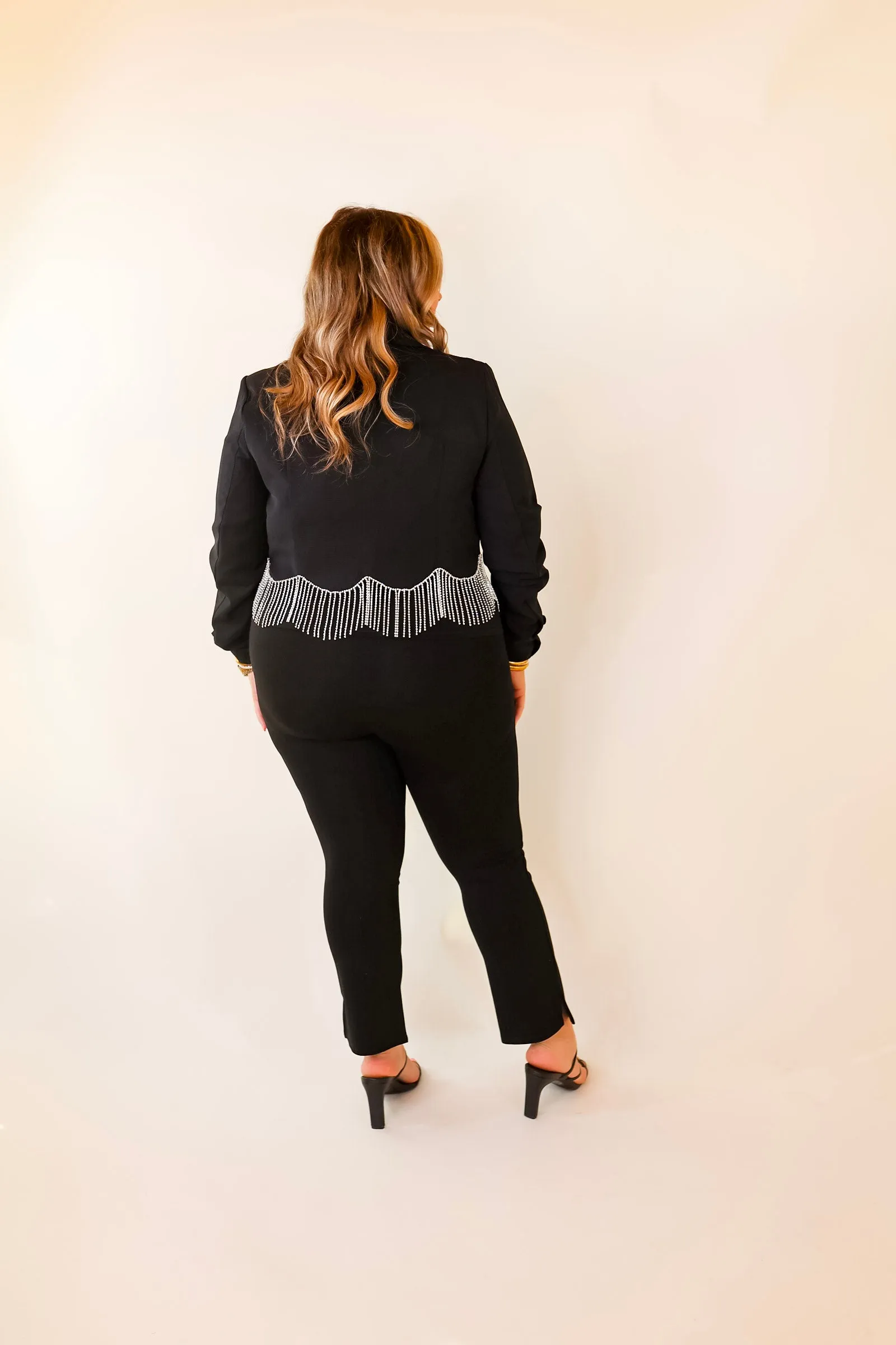 Time For Magic Cropped Blazer with Crystal Fringe Trim in Black