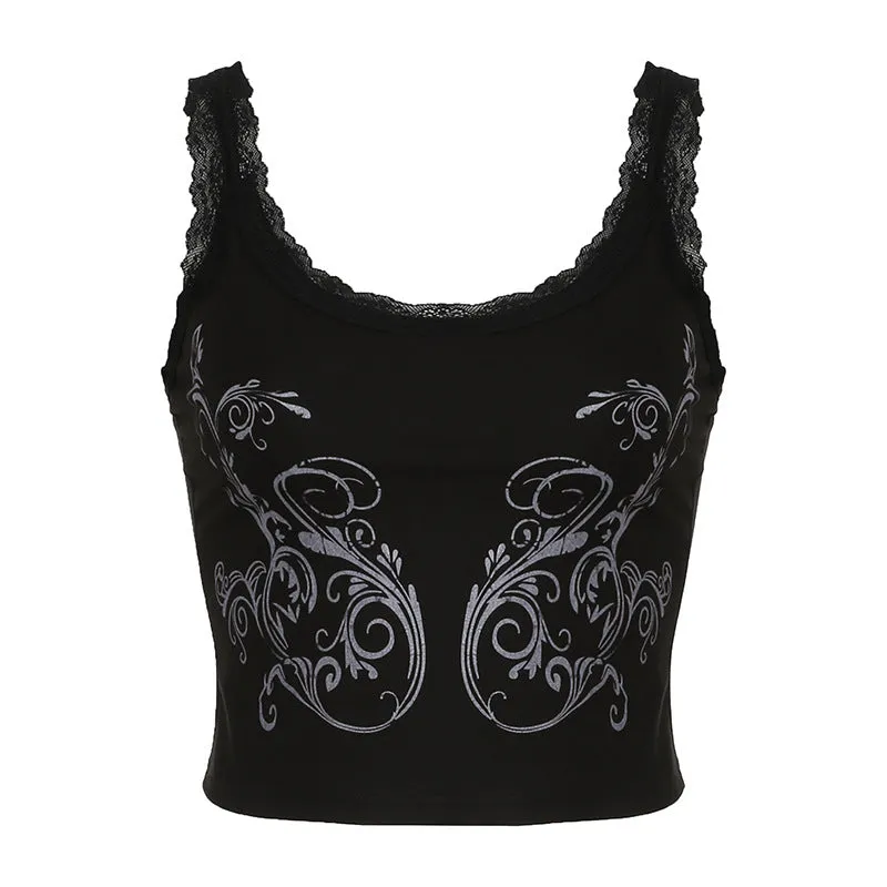 Toleet grunge outfits Dark Gothic Printed Sexy Lace Stitching U-Neck Slim Strap Summer Millennium Retro Slimming Sleeveless Vest