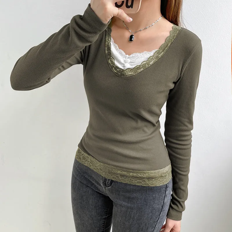 Uniwim grunge outfits Women's Spring New Gray Green V-neck Tight Waist Lace Knitted Top EBay