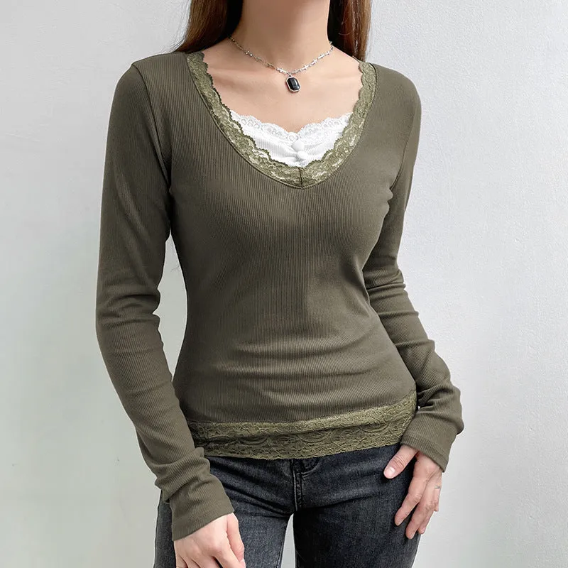 Uniwim grunge outfits Women's Spring New Gray Green V-neck Tight Waist Lace Knitted Top EBay