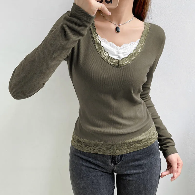 Uniwim grunge outfits Women's Spring New Gray Green V-neck Tight Waist Lace Knitted Top EBay