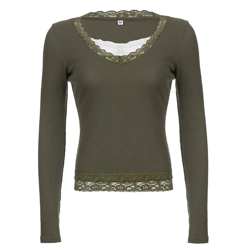 Uniwim grunge outfits Women's Spring New Gray Green V-neck Tight Waist Lace Knitted Top EBay