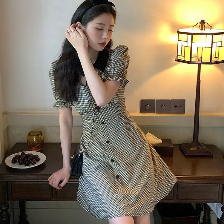 VenusFox Plaid Grunge Dress Women Elegant Vintage Hollow Out Puff Sleeve Mini Dresses Summer Gingham Square Preppy Style Sundress