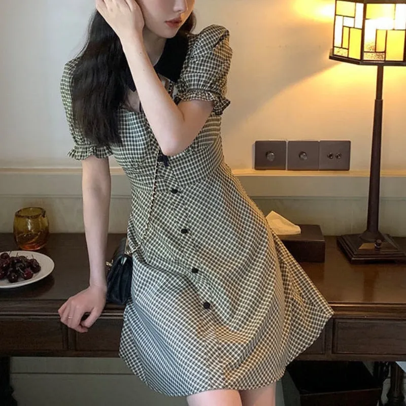 VenusFox Plaid Grunge Dress Women Elegant Vintage Hollow Out Puff Sleeve Mini Dresses Summer Gingham Square Preppy Style Sundress