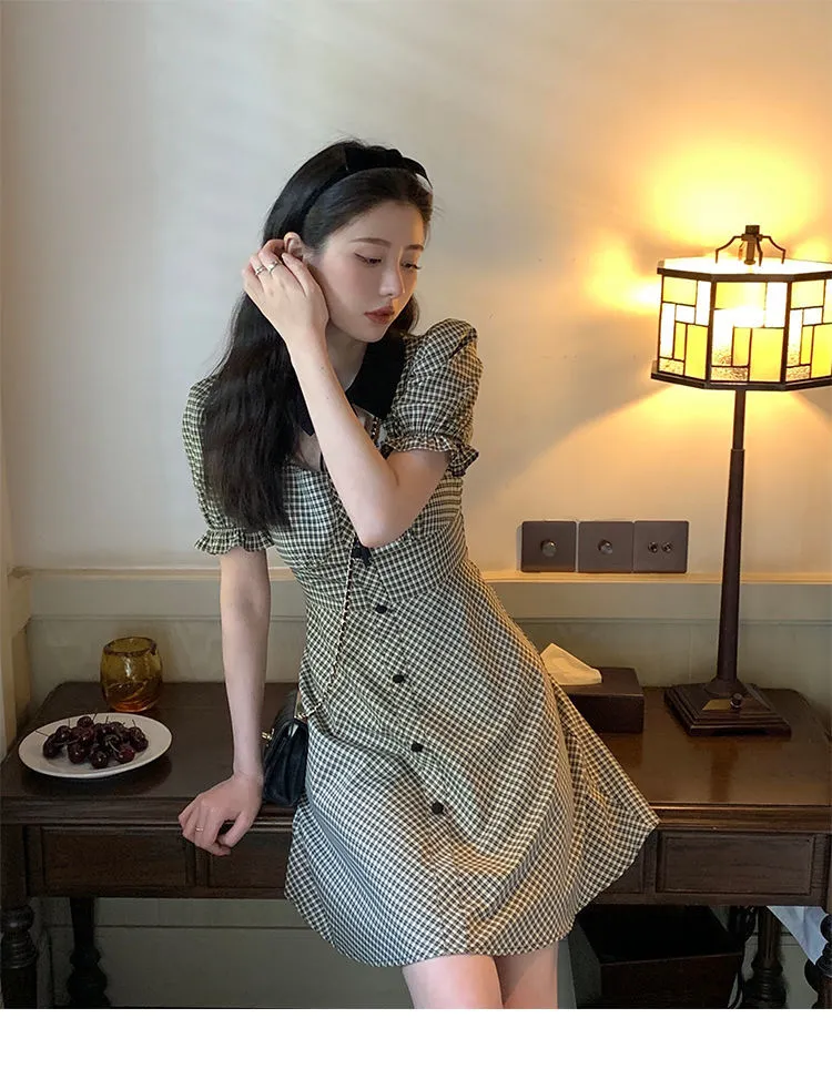 VenusFox Plaid Grunge Dress Women Elegant Vintage Hollow Out Puff Sleeve Mini Dresses Summer Gingham Square Preppy Style Sundress