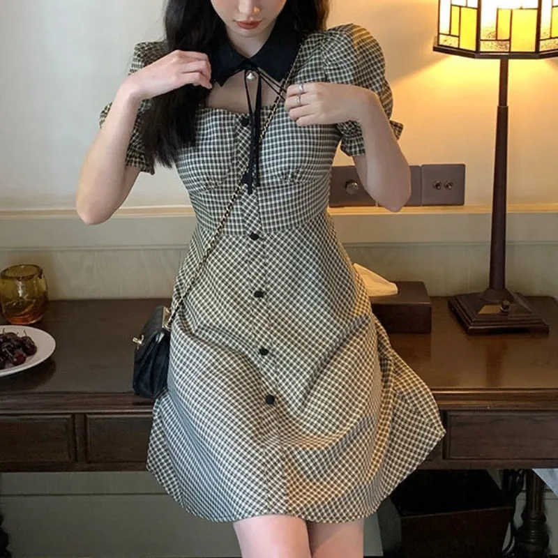 VenusFox Plaid Grunge Dress Women Elegant Vintage Hollow Out Puff Sleeve Mini Dresses Summer Gingham Square Preppy Style Sundress