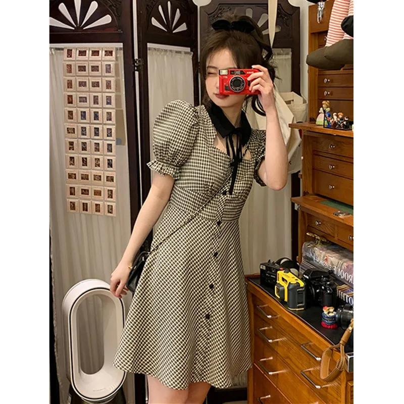 VenusFox Plaid Grunge Dress Women Elegant Vintage Hollow Out Puff Sleeve Mini Dresses Summer Gingham Square Preppy Style Sundress