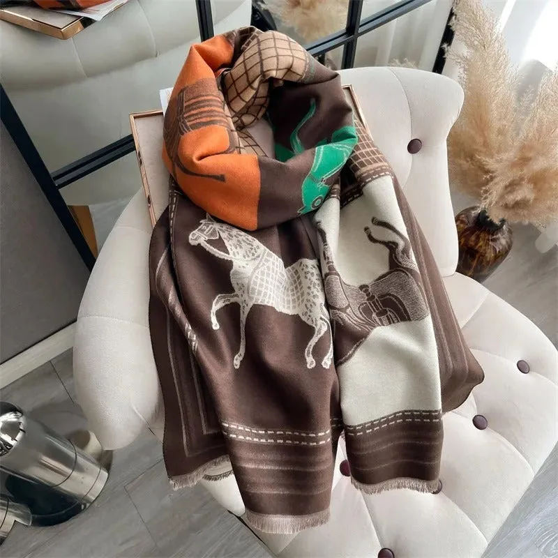 Vintage High-End Stallion Patchwork Winter Scarf for Women