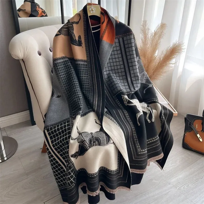 Vintage High-End Stallion Patchwork Winter Scarf for Women