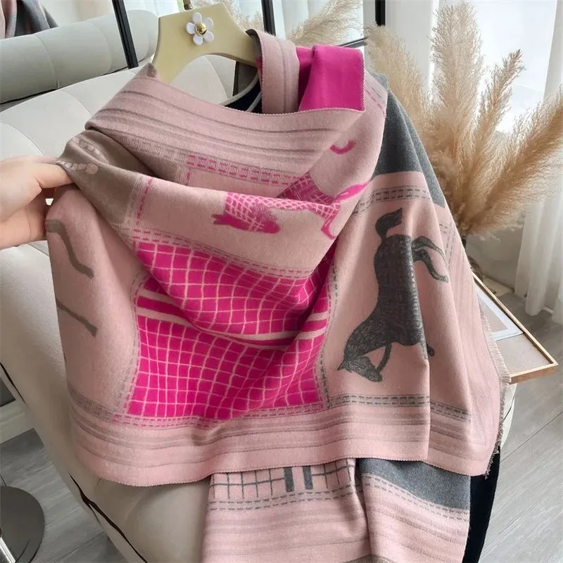 Vintage High-End Stallion Patchwork Winter Scarf for Women