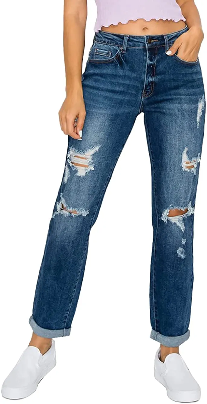 Wax Jean Women's Boyfriend Jeans with Destructed Blown Knee and Rolled Cuff