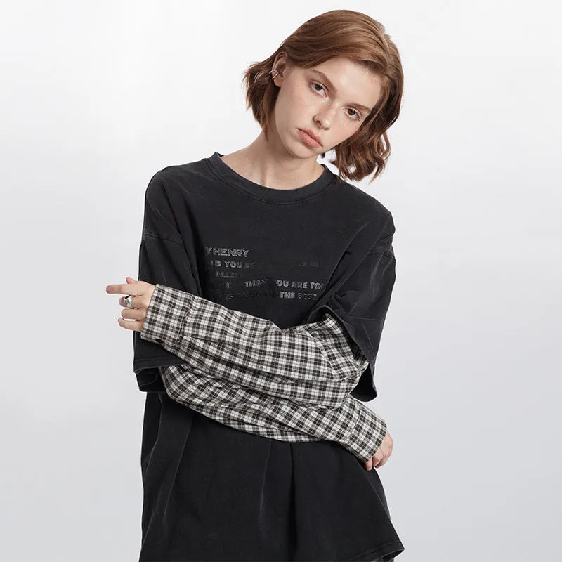 Wenkouban grunge outfits Two-Piece Retro Letter Print Long-Sleeved Couple T-shirt Stitching Contrast Color Top for Women