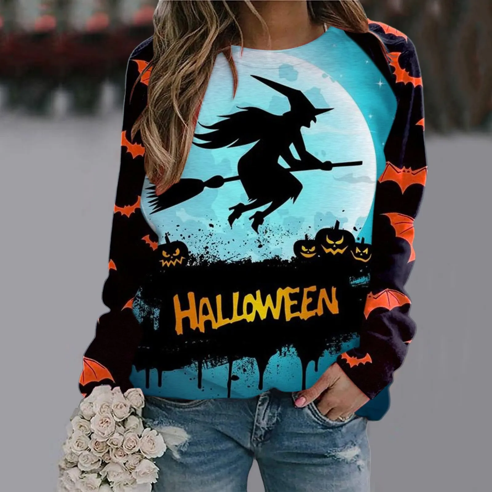 Wenkouban Halloween Hoodies Womens Halloween Pumpkin Skull Long Sleeve Sweatshirt Lightweight Casual Pullover Top Halloween Sweatshirts Moletom Feminino