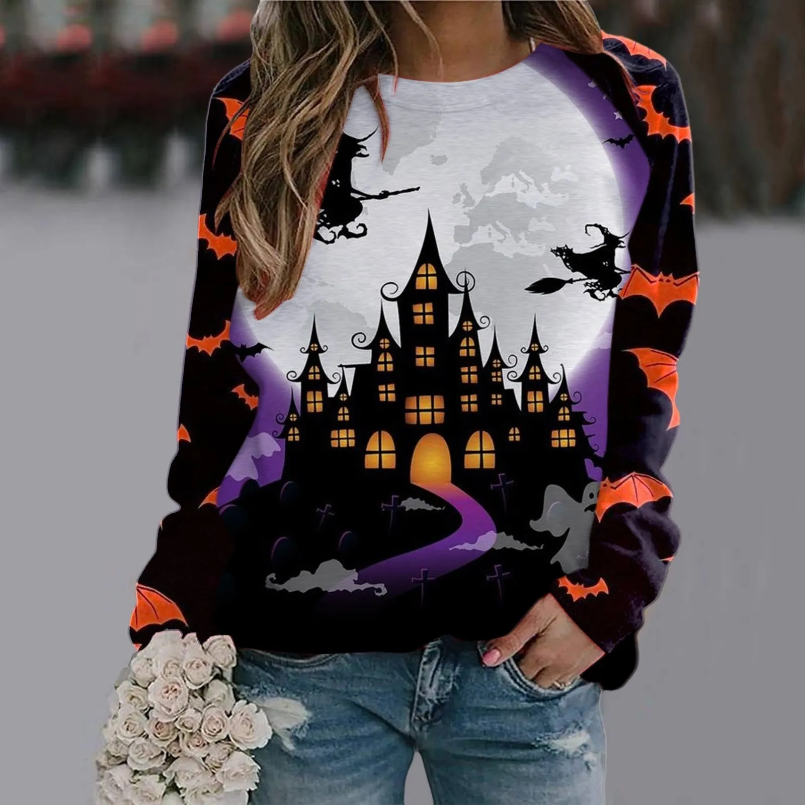 Wenkouban Halloween Hoodies Womens Halloween Pumpkin Skull Long Sleeve Sweatshirt Lightweight Casual Pullover Top Halloween Sweatshirts Moletom Feminino