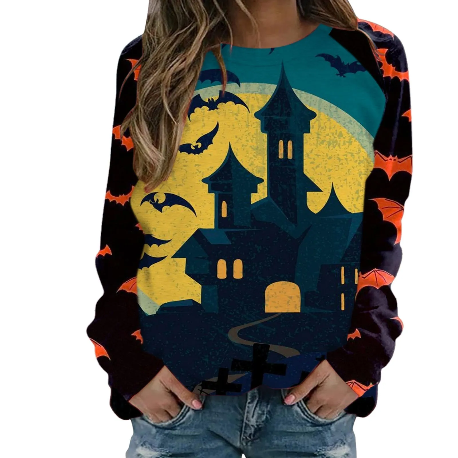 Wenkouban Halloween Hoodies Womens Halloween Pumpkin Skull Long Sleeve Sweatshirt Lightweight Casual Pullover Top Halloween Sweatshirts Moletom Feminino