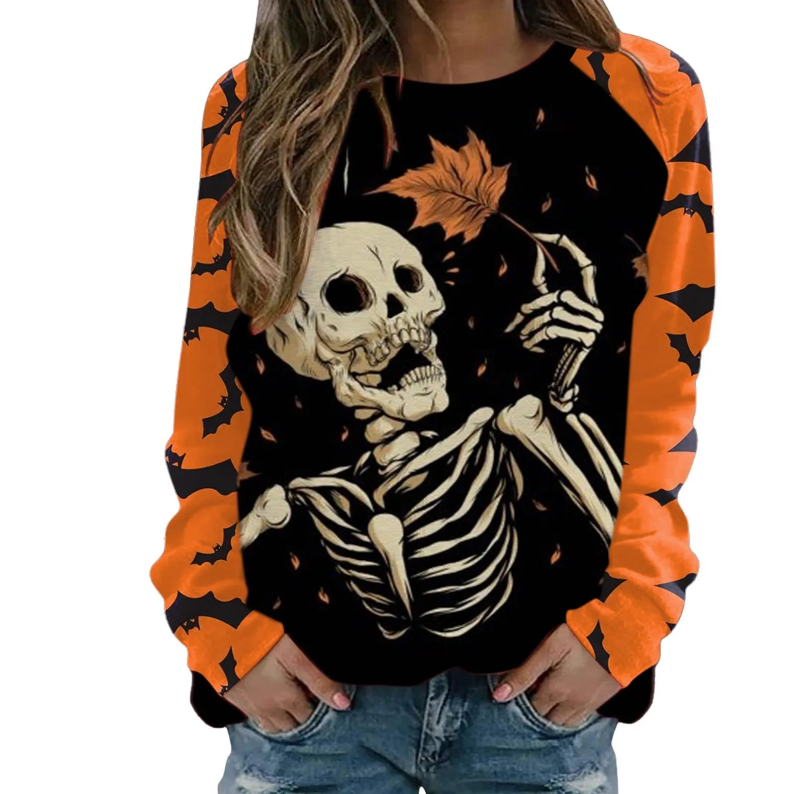 Wenkouban Halloween Hoodies Womens Halloween Pumpkin Skull Long Sleeve Sweatshirt Lightweight Casual Pullover Top Halloween Sweatshirts Moletom Feminino