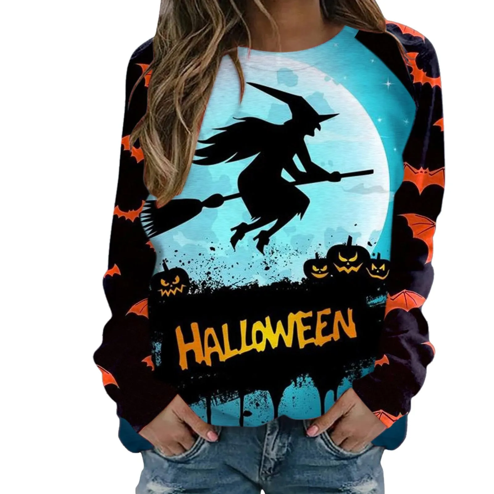 Wenkouban Halloween Hoodies Womens Halloween Pumpkin Skull Long Sleeve Sweatshirt Lightweight Casual Pullover Top Halloween Sweatshirts Moletom Feminino