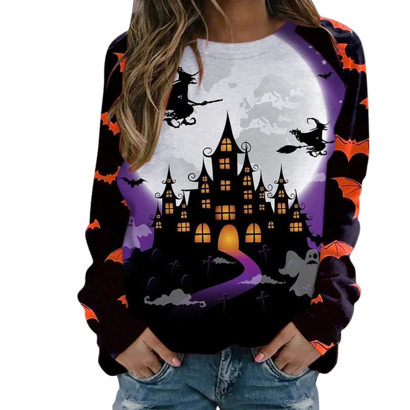 Wenkouban Halloween Hoodies Womens Halloween Pumpkin Skull Long Sleeve Sweatshirt Lightweight Casual Pullover Top Halloween Sweatshirts Moletom Feminino