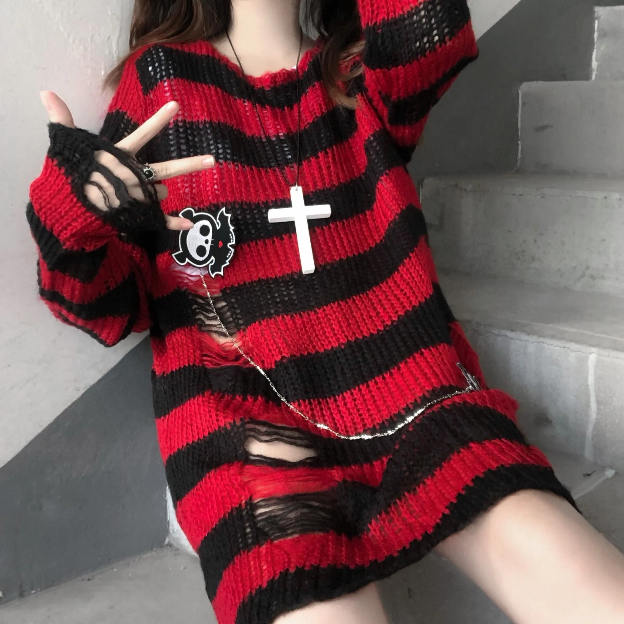 Wenkouban Pink Striped Gothic Sweaters Women Ripped Holes Loose Knitted Pullover Frayed Fairy Grunge Jumpers Emo Streetwear Lolita