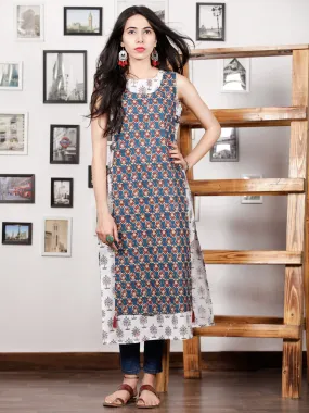 White Indigo Maroon Beige Hand Block Printed Kurta With Cape - K94F1485