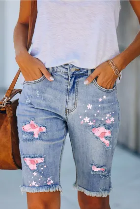 Women Bermuda Shorts Sakura Print Frayed Denim Destroyed Raw Jeans