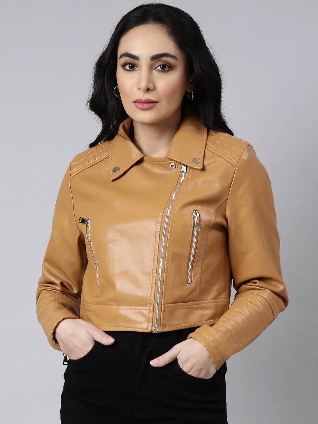 Women Solid Crop Mustard Biker Jacket